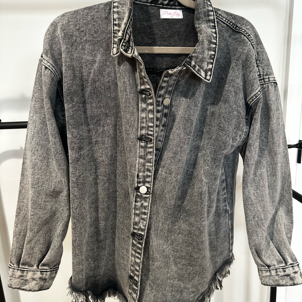 Pink Lily Charcoal Denim Shacket with Raw Hem
